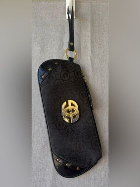 Black Wristlet fabric Clutch with Gold Tone embellishment zipper closure